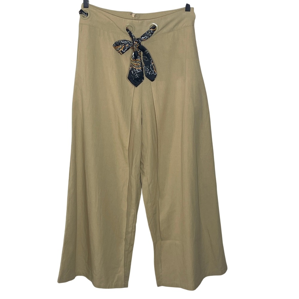 Rosevelvet Tan Wide Leg Cropped Pants Paisley Scarf Belt Grommet Khaki Boho M